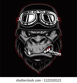 Gorilla biker mascot with spark plug in the mouth.