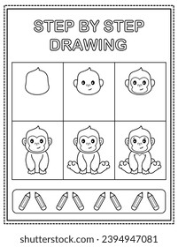 Gorilla. Book page, drawing step by step. Black and white vector coloring page.