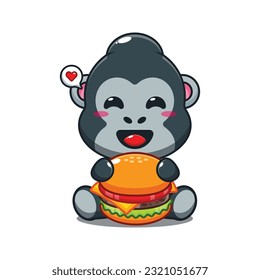 gorilla with burger cartoon vector illustration.