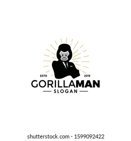 Gorilla business worker man logo silhouette with head of aimal head and human body. unique cool design. wear suit coat, tie like a boss. Vintage modern look Apply to web site, smart mobile phone, art