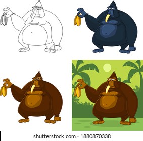 Gorilla Cartoon Character Is Holding A Banana. Vector Collection Set Isolated On White Background