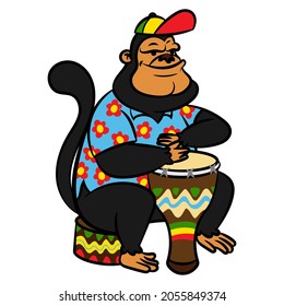 Gorilla cartoon character wearing summer shirt, and cap with rasta flag color, playing reggae music with djembe traditional drums, best for sticker, mascot, and logo with reggae music themes