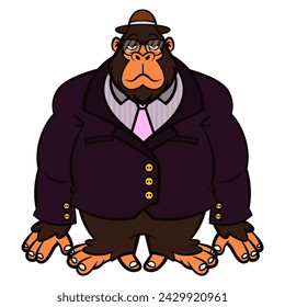 Gorilla cartoon characters wearing bowler hat and eyeglasses, and formal outfit like suit, shirt, and tie. Best for sticker, logo, and mascot with vintage themes