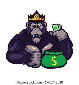 Gorilla cartoon mascot logo design vector with transparent background. The king of gorillas holding money