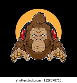 Gorilla cartoon mascot wearing headphone