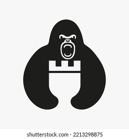 Gorilla Castle Logo Negative Space Concept Vector Template. Gorilla Holding Castle Symbol