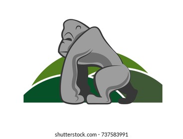 Gorilla character with green field views background. Gorilla mascot - vector