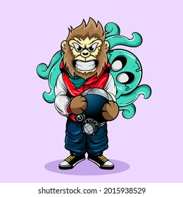 GORILLA CHARACTER HOLDING AN ASTRONAUT HELMET with THE OCTOPUS ZOMBIE in THE BACK