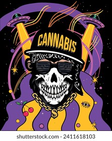 Gorilla character in the space. Weird art with spaceship, stars and planets, lsd journey in the galaxy. Aliens in the space. Cannabis trippy concept. Groovy vector