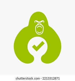 Gorilla Checkmark Logo Negative Space Concept Vector Template. Gorilla Holding Checkmark Symbol