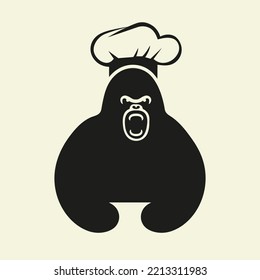 Gorilla Chef Logo Negative Space Concept Vector Template. Gorilla Holding Chef Hat Symbol