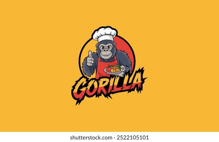 Chef gorila que sirve comida con los pulgares hacia arriba, logotipo del Vector