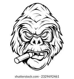 Gorilla with a cigar. Vector illustration of primates. Sketch of an angry gorilla head