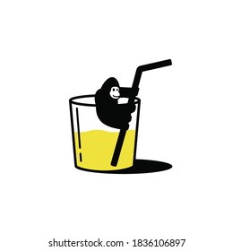 Gorila sube una paja en el vaso. Logotipo urbano de Hipster, icono, signo, concepto de diseño de camisetas. Ilustración del vector objeto aislado en fondo blanco