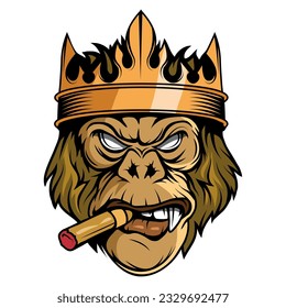 Gorila en una corona y con un puro. Ilustración vectorial de primates. Cabeza de gorila enojada