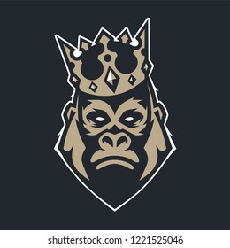 Gorilla in crown mascot vector art. Frontal symmetric image of gorilla in crown looking dangerous. Vector icon.