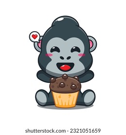 gorilla with cup cake cartoon vector illustration.