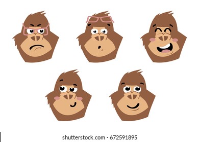 Gorilla cute. Monkey faces emoticons Vector illustration