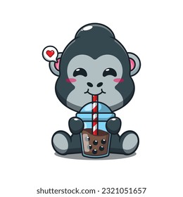 gorilla drink boba milk tea cartoon vector illustration.