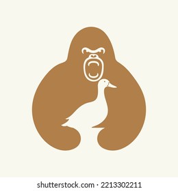 Gorilla Duck Logo Negative Space Concept Vector Template. Gorilla Holding Duck Symbol