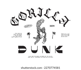 Gorilla Dunk. El jugador de baloncesto gorila slam dunk tipografía vintage seda de pantalla de la camiseta de impresión ilustración vectorial.