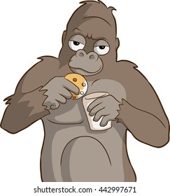 a gorilla eating cookie with milk