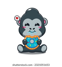 gorilla eating donut cartoon vector illustration.