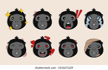 Gorilla emoji and emoticons with many expressions. vector illustration