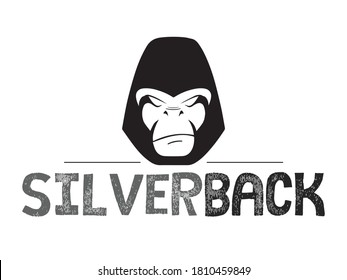 Gorilla face head logo. Simple flat vector illustration with silverback text typography word.