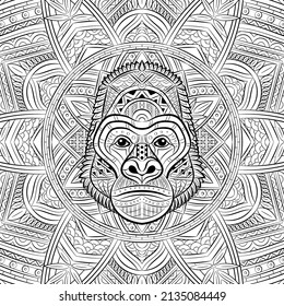 Gorilla face. Portrait of Big Mountain Gorilla isolated on white background. Painted ethnic ornament. Africans design. May be used for the design of t-shirts, bags, postcards, posters, banners. Vector