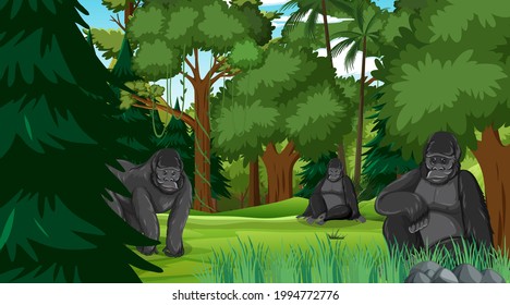 Gorilla family in forest or rainforest scene with many trees illustration