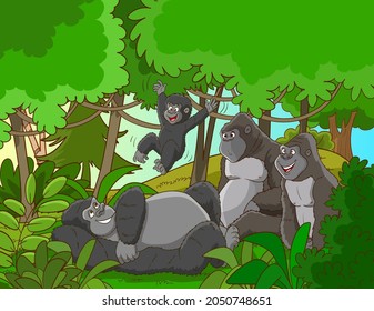 Gorilla family in forest or rainforest scene with many trees illustration