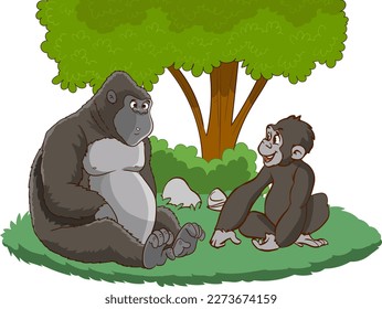 Gorilla family in forest or rainforest scene with many trees illustration