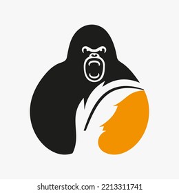 Gorilla Feather Logo Negative Space Concept Vector Template. Gorilla Holding Feather Symbol