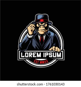 Gorilla With Fedora Hat And Suit Cartoon Character Vector Badge Logo Template