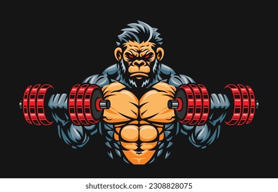 Gorilla fitness or gym dumbbells illustration, gorilla lifting dumbbells illustration. gorilla mascot character