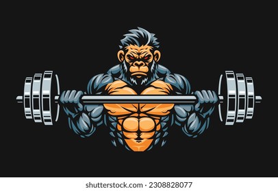 Gorilla fitness or gym illustration design, gorilla lifting barbell illustration. gorilla mascot character