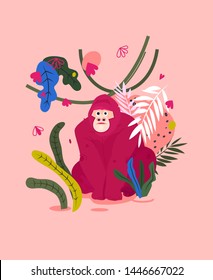 Gorilla flat hand drawn card. Cute monkey character on jungle illustration. Palm leaves, flowers and exotic animal print in simple abstract style . Wild African rainforest, jungle animal vector poster