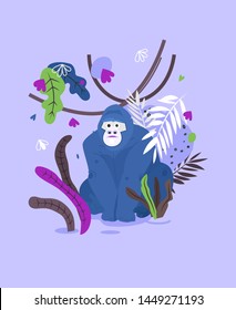 Gorilla flat hand drawn card. Cute monkey character on jungle illustration. Palm leaves, flowers and exotic animal print in simple abstract style.