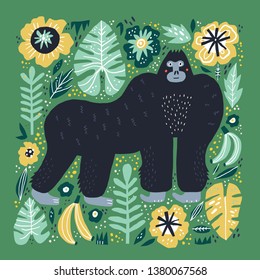 Gorilla flat hand drawn illustration. Cute cartoon primat character on botanical background. Bananas, palm leaves, flowers in scandinavian style. Wild African rainforest, jungle animal vector poster