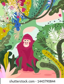 Gorilla flat hand drawn illustration. Cute cartoon monkey character on jungle background. Bananas, palm leaves, flowers in simple abstract style. Wild African rainforest, jungle animal vector poster