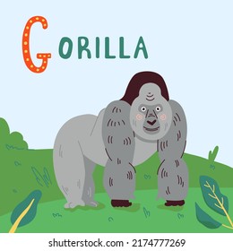 Gorilla flat vector illustration. Cute cartoon primat character on green