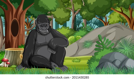 Gorilla in forest or rainforest scene with many trees illustration