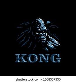 Gorilla in the form of an island. Gorilla head, clouds, mountain, island. Vector illustration.