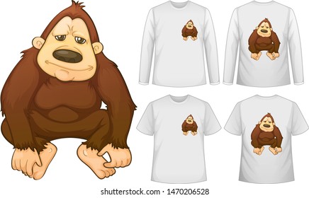 Gorilla and four designs on white shirts illustration