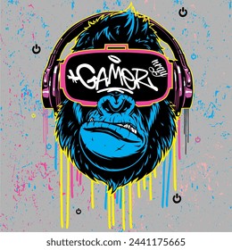 gorilla gamer with headphones tshirt print