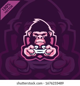 Gorilla Gamer holding Game-pad Joystick. Mascot logo design modern illustration concept style for badge, emblem, tshirt printing. Gamer illustration for esport team. Scalable and editable Vector.