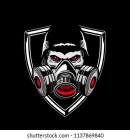 gorilla with gas mask and shield vector badge logo template