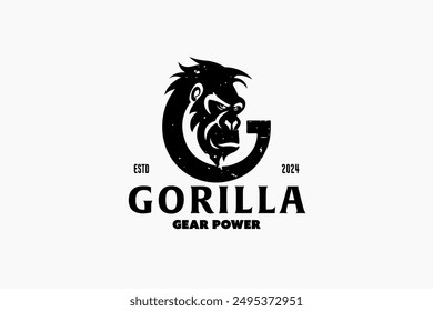 Gorilla Gear Power Logo: The letter G integrates a strong gorilla, symbolizing durability and strength, perfect for outdoor gear or sports equipment brands. Layered EPS Vector