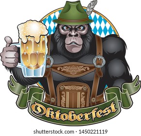 gorilla in german leather pants holding beer mug